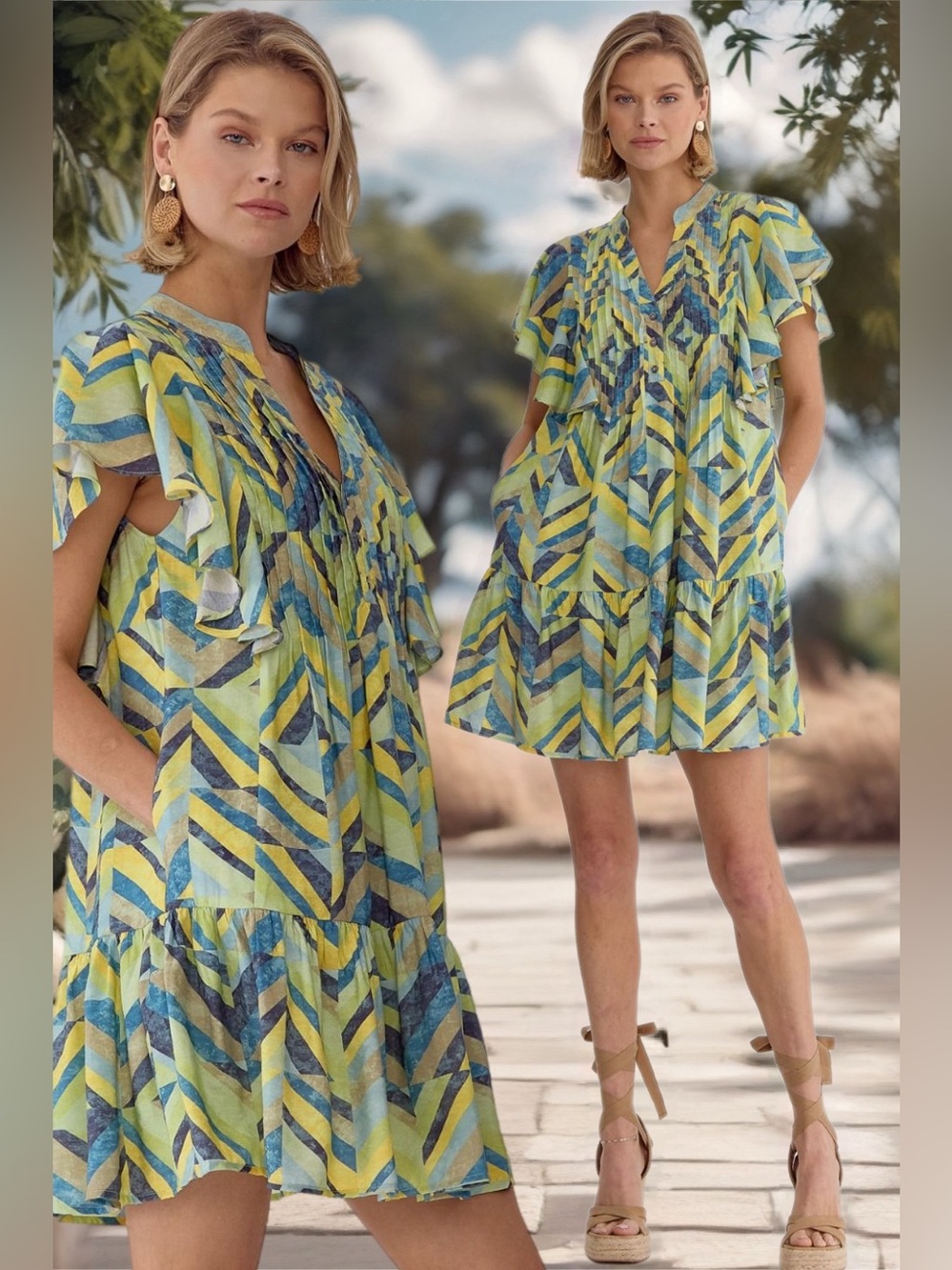 Entro | Petra Tiered Pintuck Dress Green Blue Flutter Sleeve Pockets New Large
